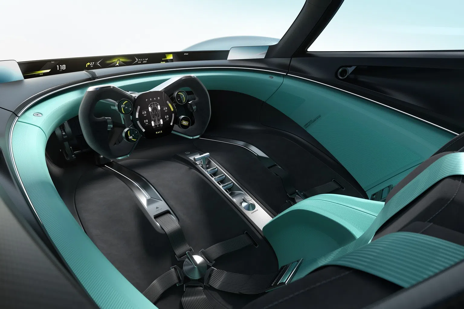 A close-up view of the Xiaomi Vision Gran Turismo concept car’s cocoon-style cockpit, featuring a sofa-inspired racing seat.