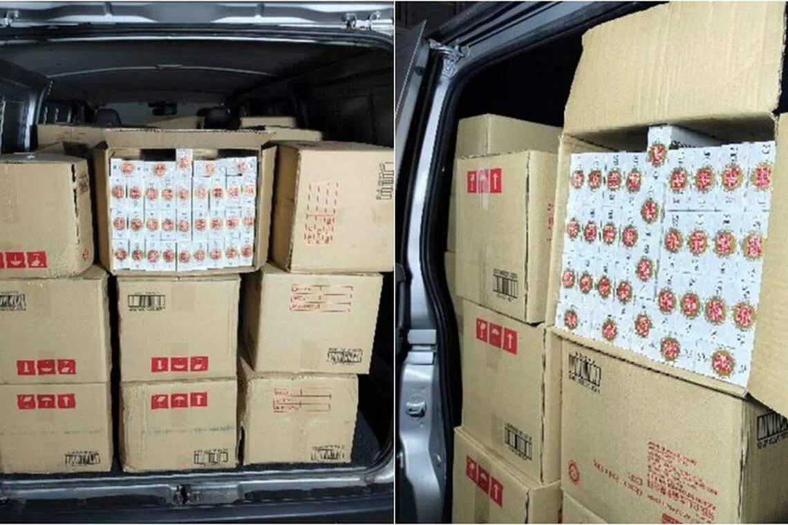 一辆停在马林百列中路的货车，被搜出2240条漏税香烟。（新加坡关税局提供）