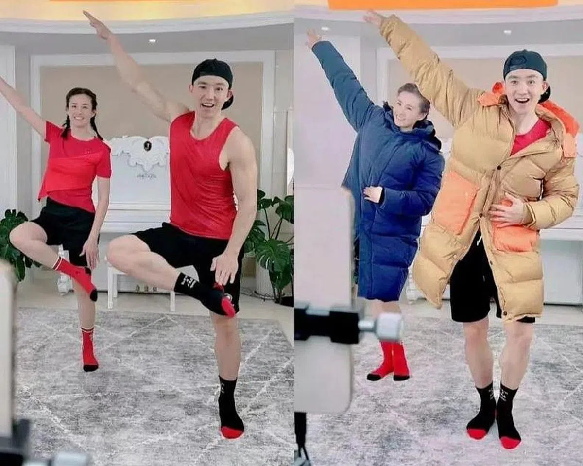 刘畊宏被平台判定“衣着不合格”之后，和老婆王婉霏穿羽绒外套运动。（互联网）