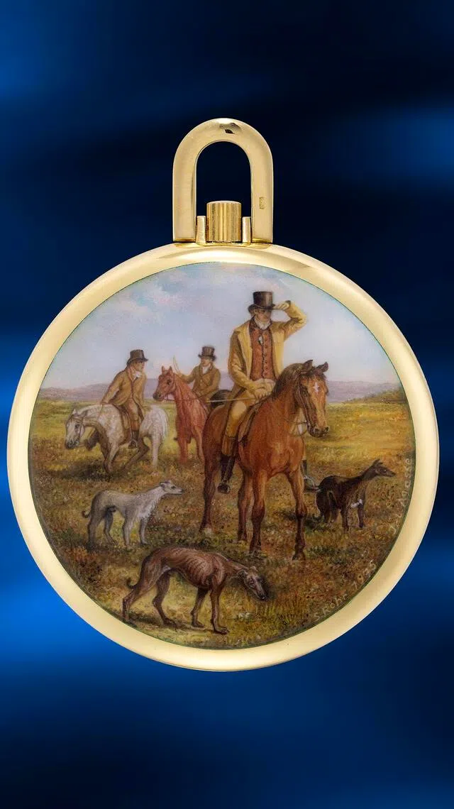 珐琅大师罗尔以瑞士艺术家雅克—洛朗·阿加斯的名画为题材，在怀表上描绘18世纪贵族与猎犬的狩猎场景。（富艺斯提供）