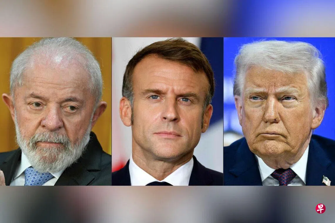 卢拉（左）和马克龙（中）1月27日通话，两人谴责了美国对委内瑞拉动用武力，并讨论特朗普发起的“和平委员会”。 （法新社）