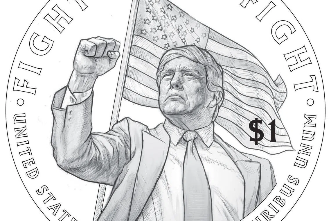 硬币背面的设计是特朗普去年竞选期间险遭枪击后，高举右臂紧握拳头，向支持者示意的画面。（美国财政部）