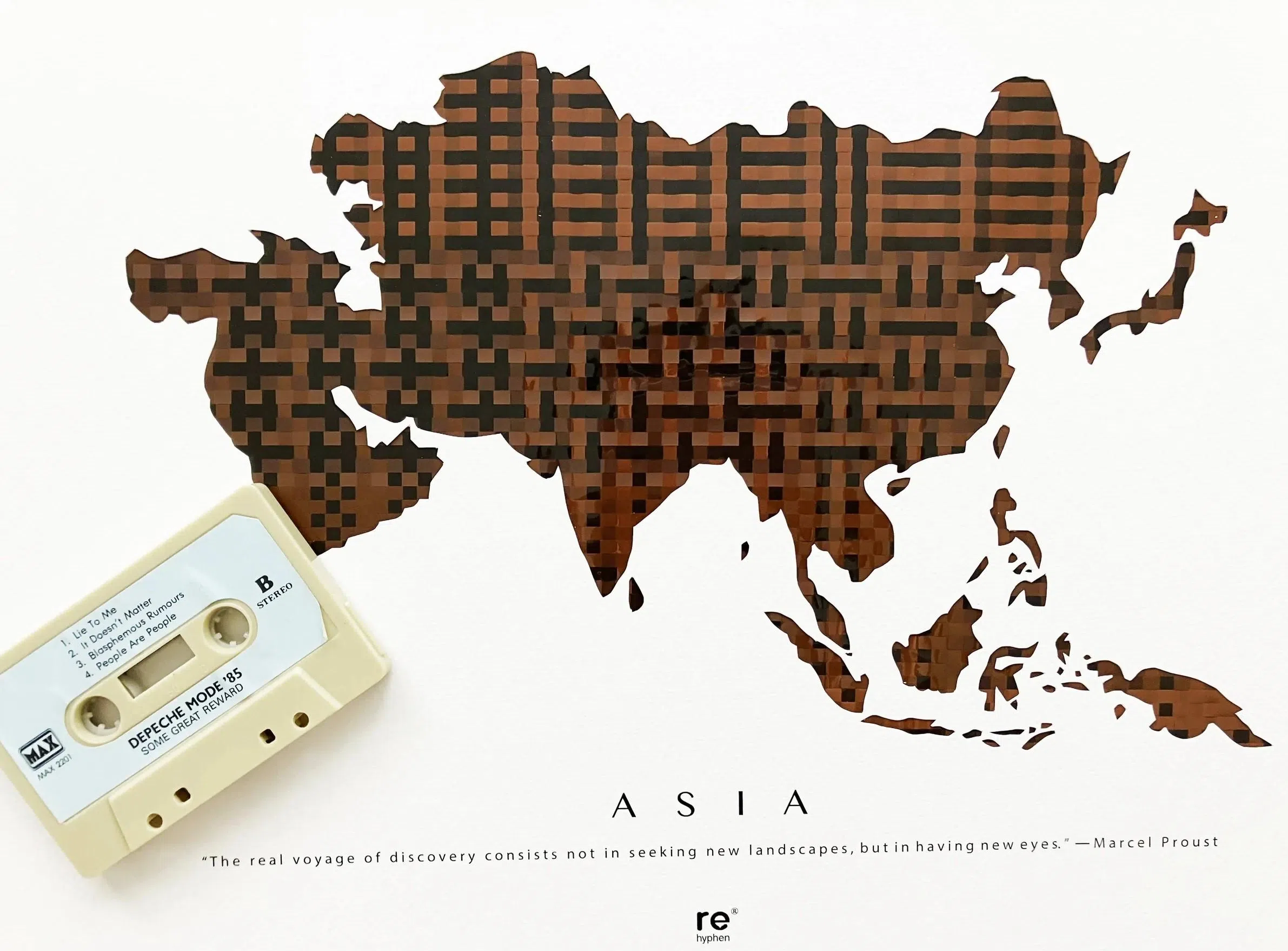 Rehyphen将旧卡带编织成世界地图海报，成为独特的墙面装饰。（取自pinkoi.com）