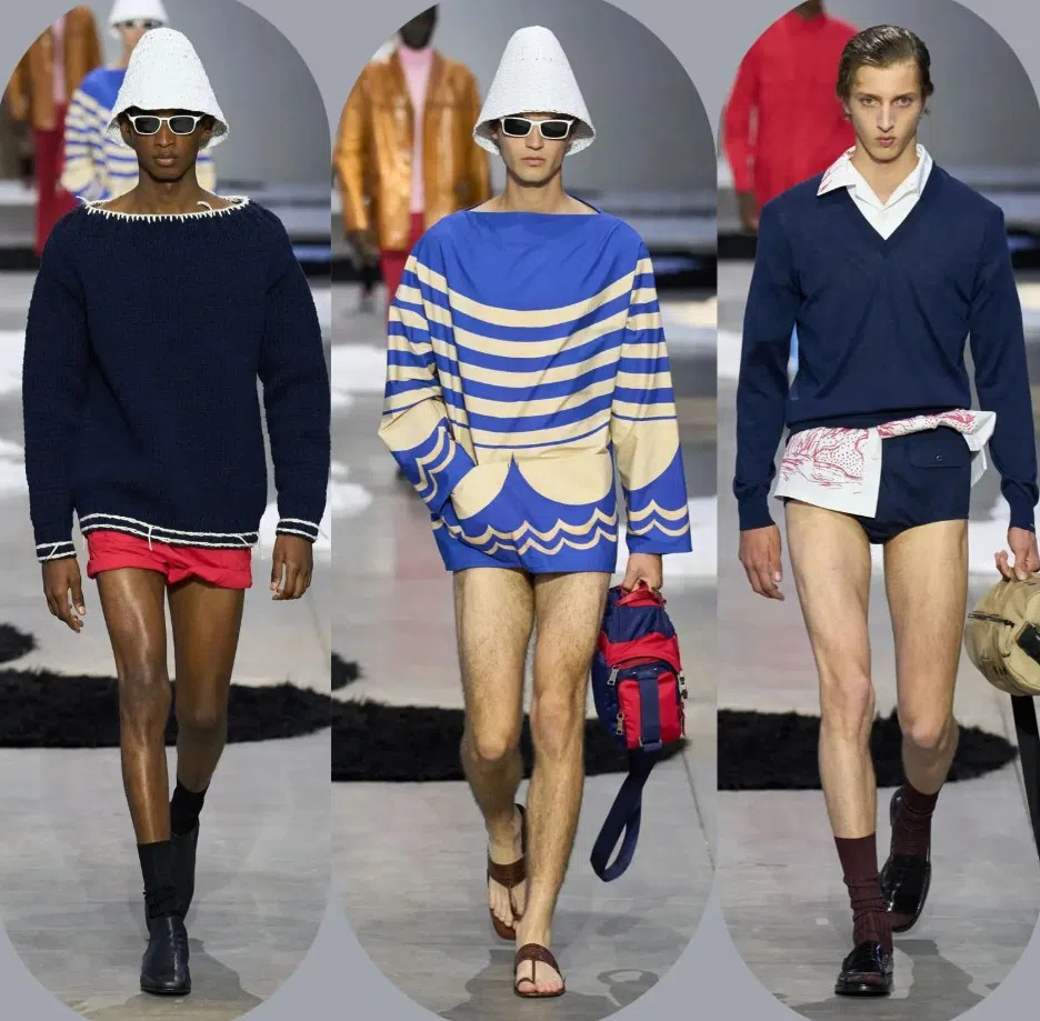 Prada秀场上，超短裤加长款上衣的搭配，有型立体。拖鞋与丝巾配饰是点睛元素。（互联网）