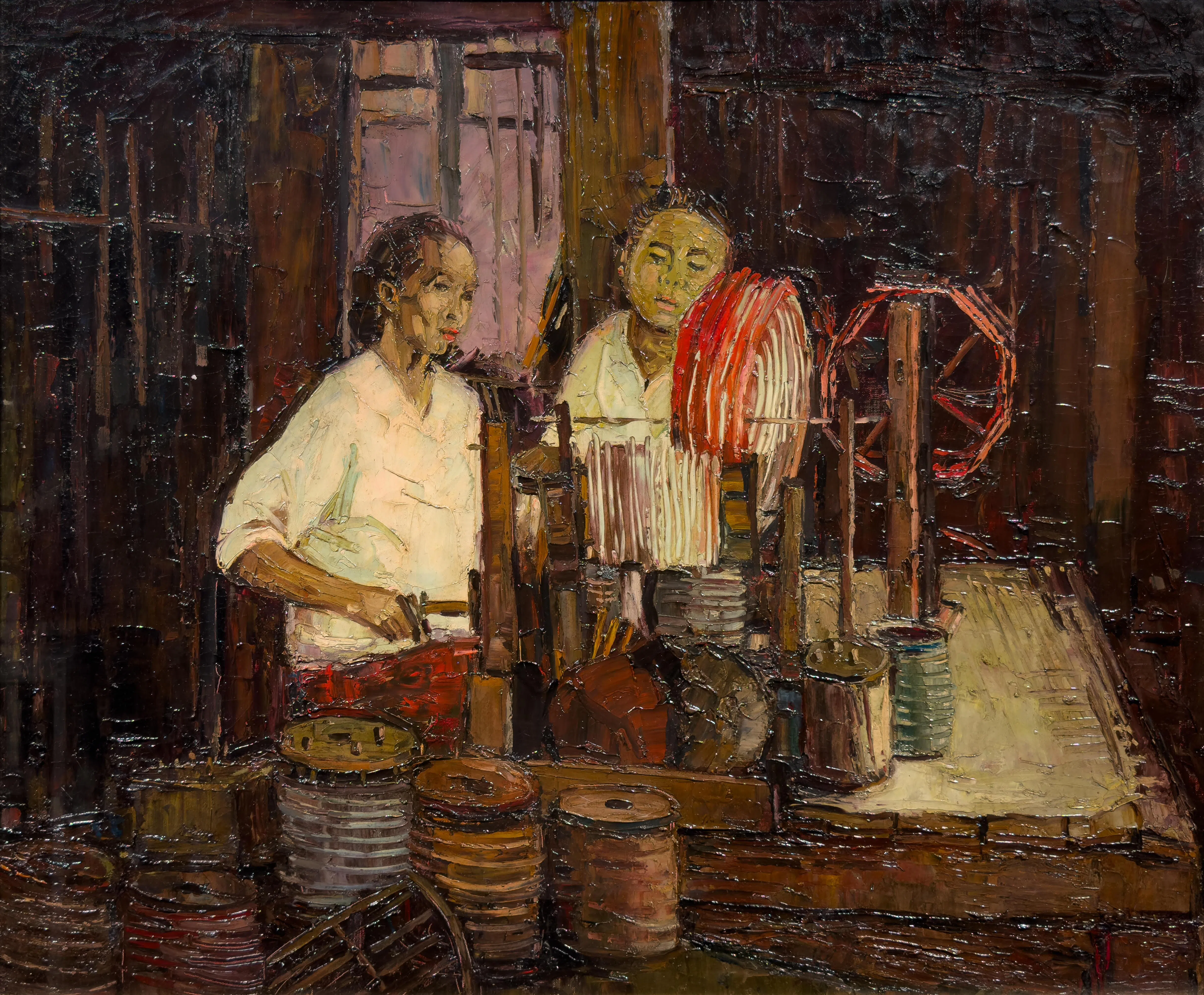 油画《编织者II》（1975）是洪亚弟少见的具象画。（嘉合画轩提供）