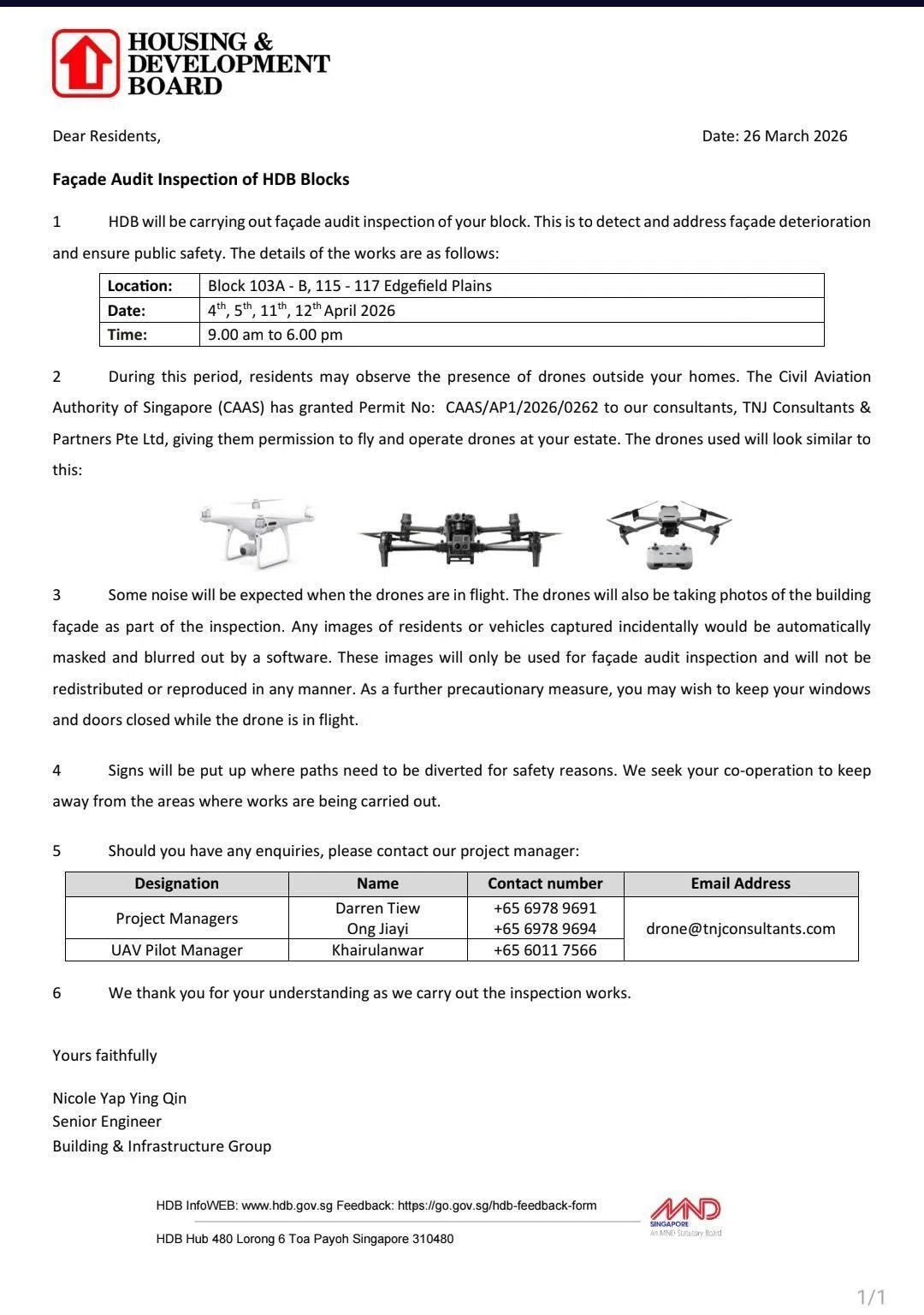建屋局向居民发出有关无人机在组屋外墙进行检查的通告。（取自杨涴凌脸书）
