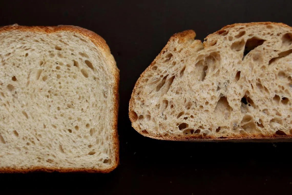 Baker’s Bench Bakery面包咖啡馆的牛奶土司酸种面包（左）口感偏软，原味酸种面包（右）较为扎实。（龙国雄摄）