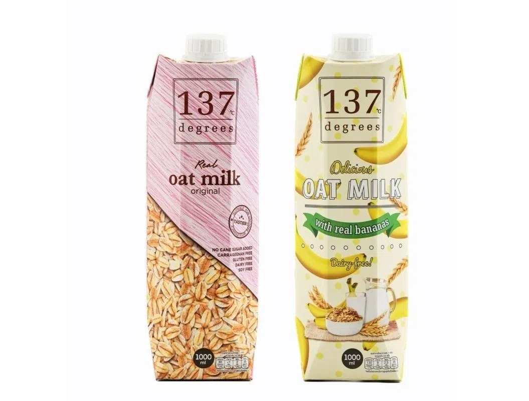 来自泰国的137 degrees原味和香蕉口味燕麦奶，不添加蔗糖、防腐剂等化学物质。（商家提供）