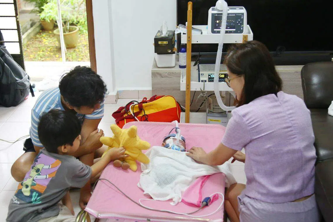 四岁的施佁鍕（左一）跟妈妈一起到王梓全（左二）和张绮恩（右一）的家探访，为他们打气。佁鍕好奇地打量着在客厅躺椅上的彦喆，不时用手上的玩偶逗他。（特约陈福洲摄）