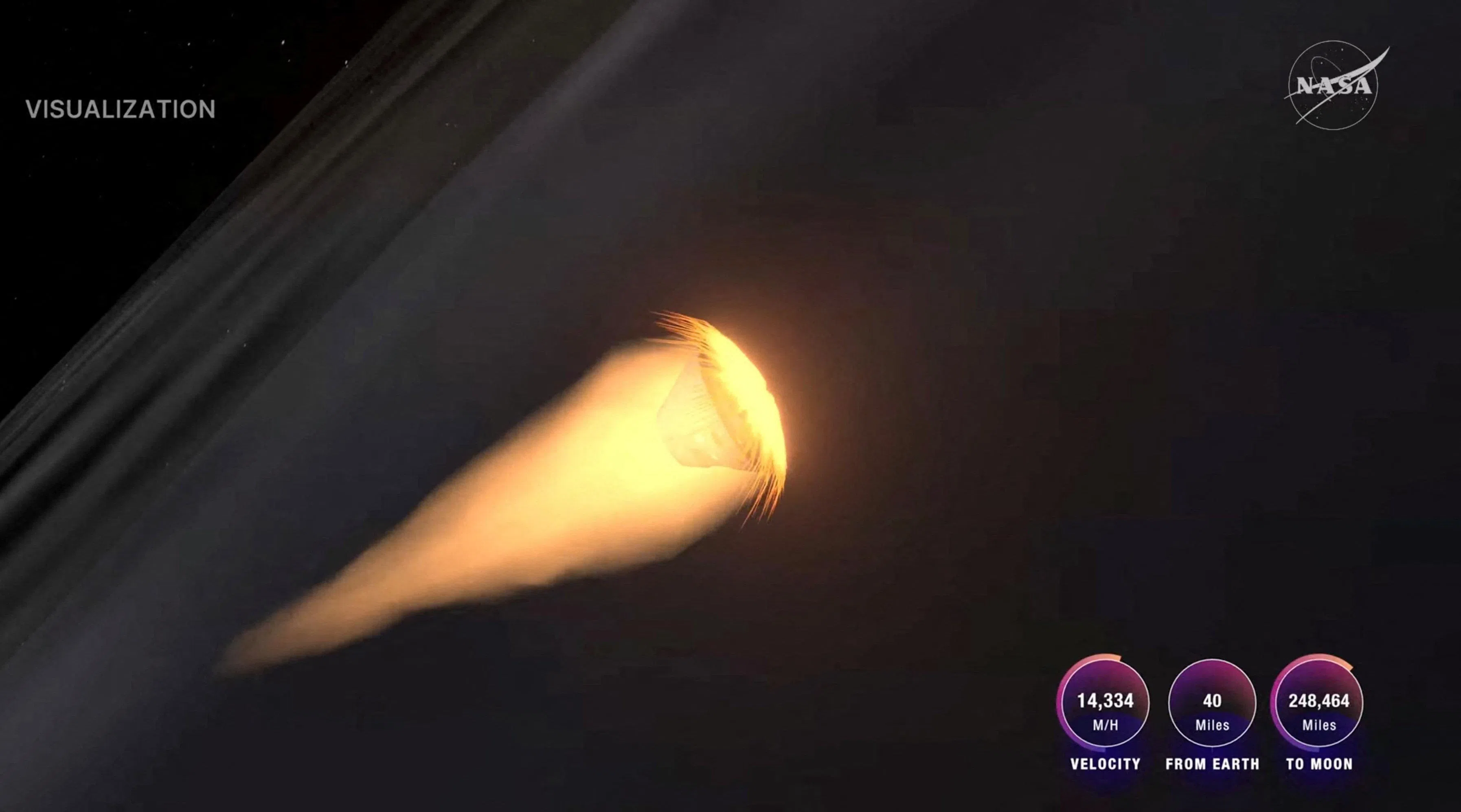 返回舱进入地球大气层，速度将近音速的33倍，返回舱外壳的温度高达2760摄氏度。返回舱与地面控制中心的通信中断，图为控制中心显示屏的动画视频。（路透社）