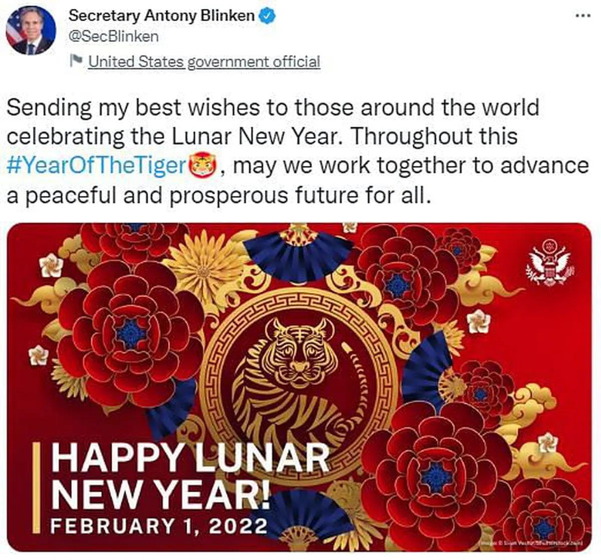 布林肯除夕也在个人推特上发文，向世界各地庆祝农历新年的人们表达祝贺。（推特截图）