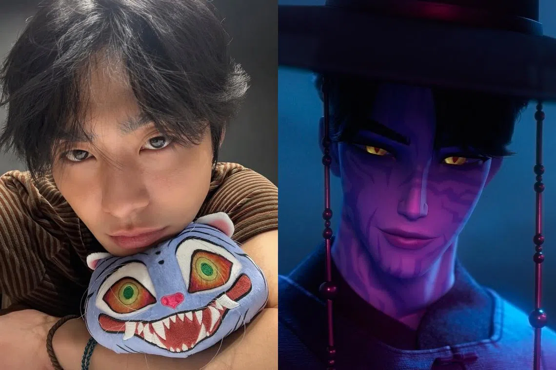 安孝燮（左图）声演化身偶像的恶魔振宇（右图），他怀里抱着的是出现在片中的一个动物角色。（取自安孝燮IG、Netflix）