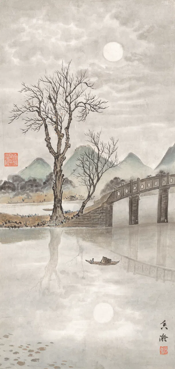 何香凝设色纸本《月下小景》（约1920年代）与传统山水画有别。（何香凝美术馆馆藏）