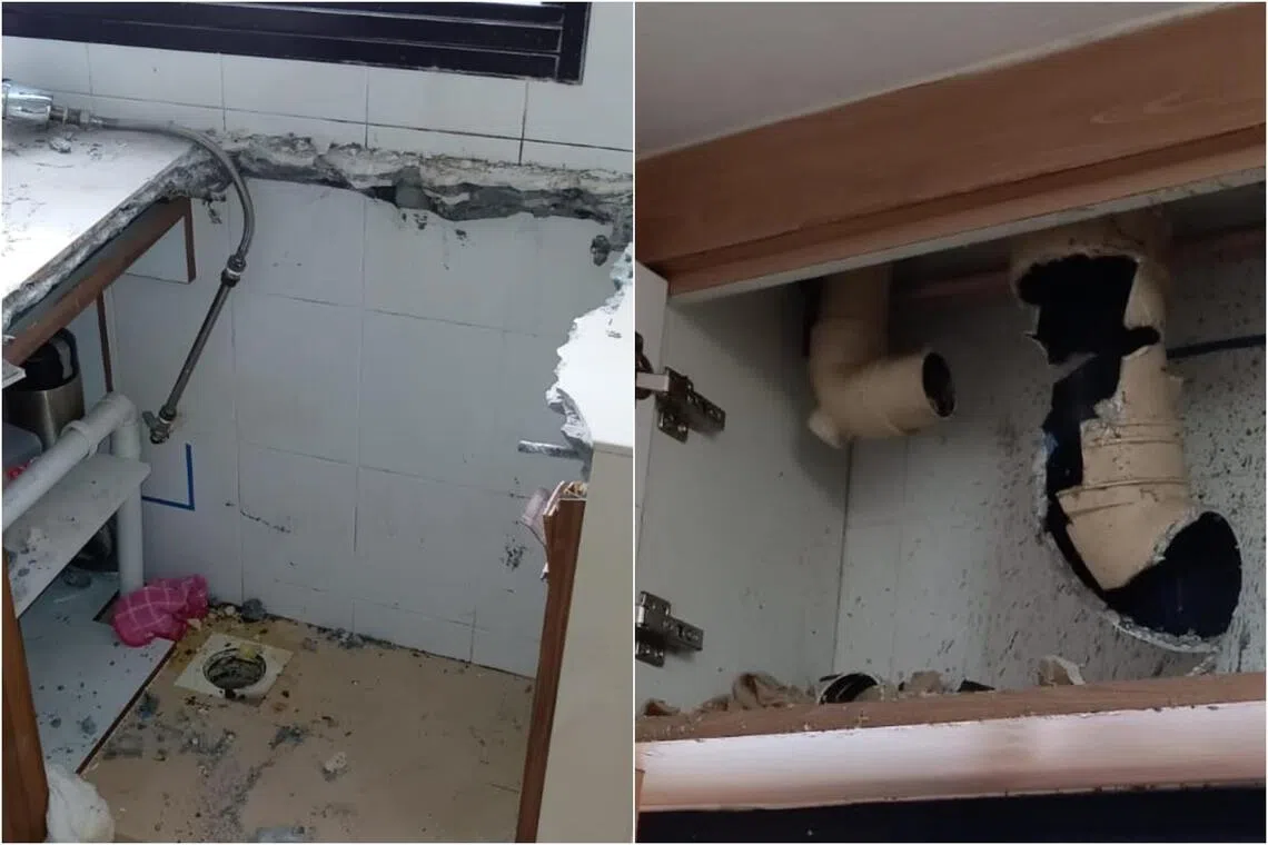 救援团队到事发单位正下方单位，切除部分排水管，协助男子将手臂从排水管中取出。（取自新加坡民防部队脸书）