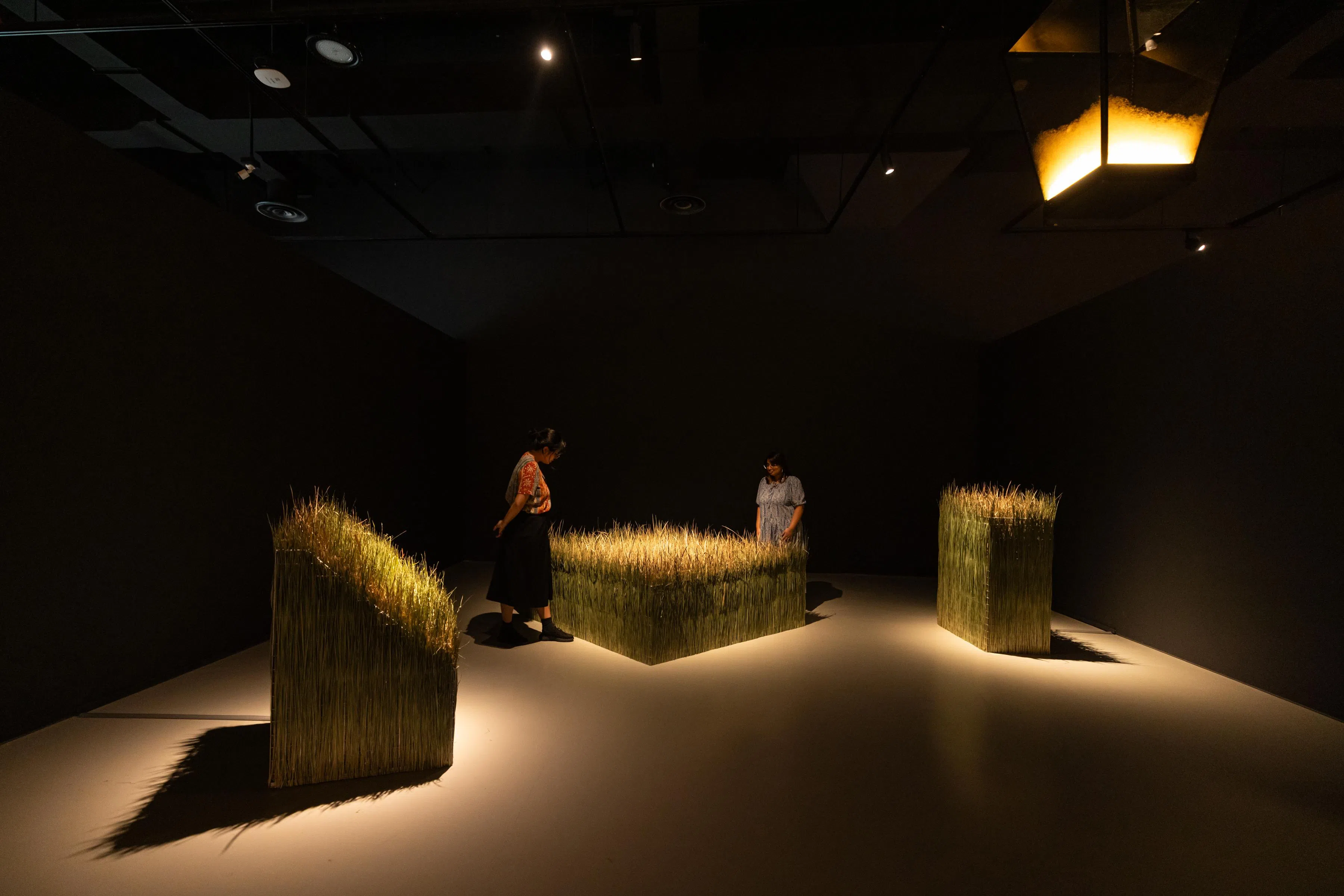 李炳源装置《漂亮，拜托（请你睡个好觉）》，通过干茅草探讨新加坡花园景观的隐形控制。（新加坡美术馆提供）