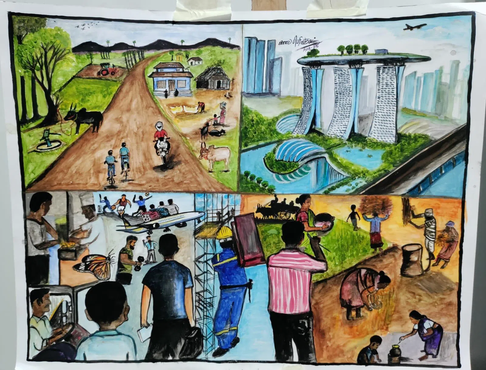 古汗花了八小时，让印度家乡、新加坡，以及多年未见的双亲，在他的画笔下“相聚”。（受访者提供）