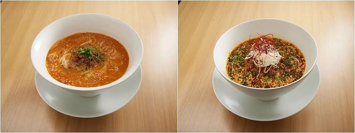 “创作面工房鸣龙”的招牌担担面（左）与中式特色酸辣面（右）。（餐馆提供照片）