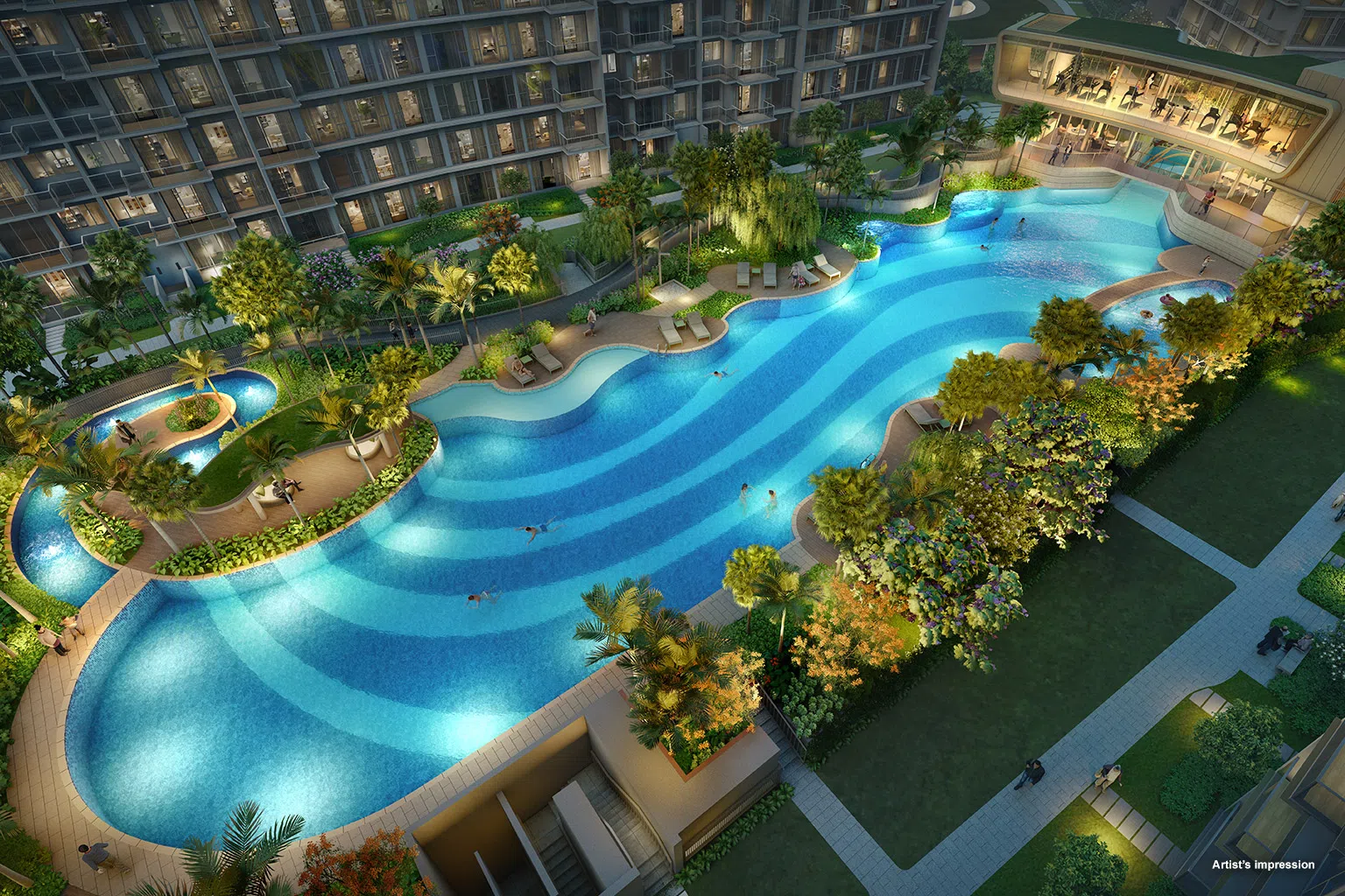 
与家人朋友在长达80米的大型豪华泳池戏水享受欢乐时光。（效果图/新海逸集团和中建地产提供）