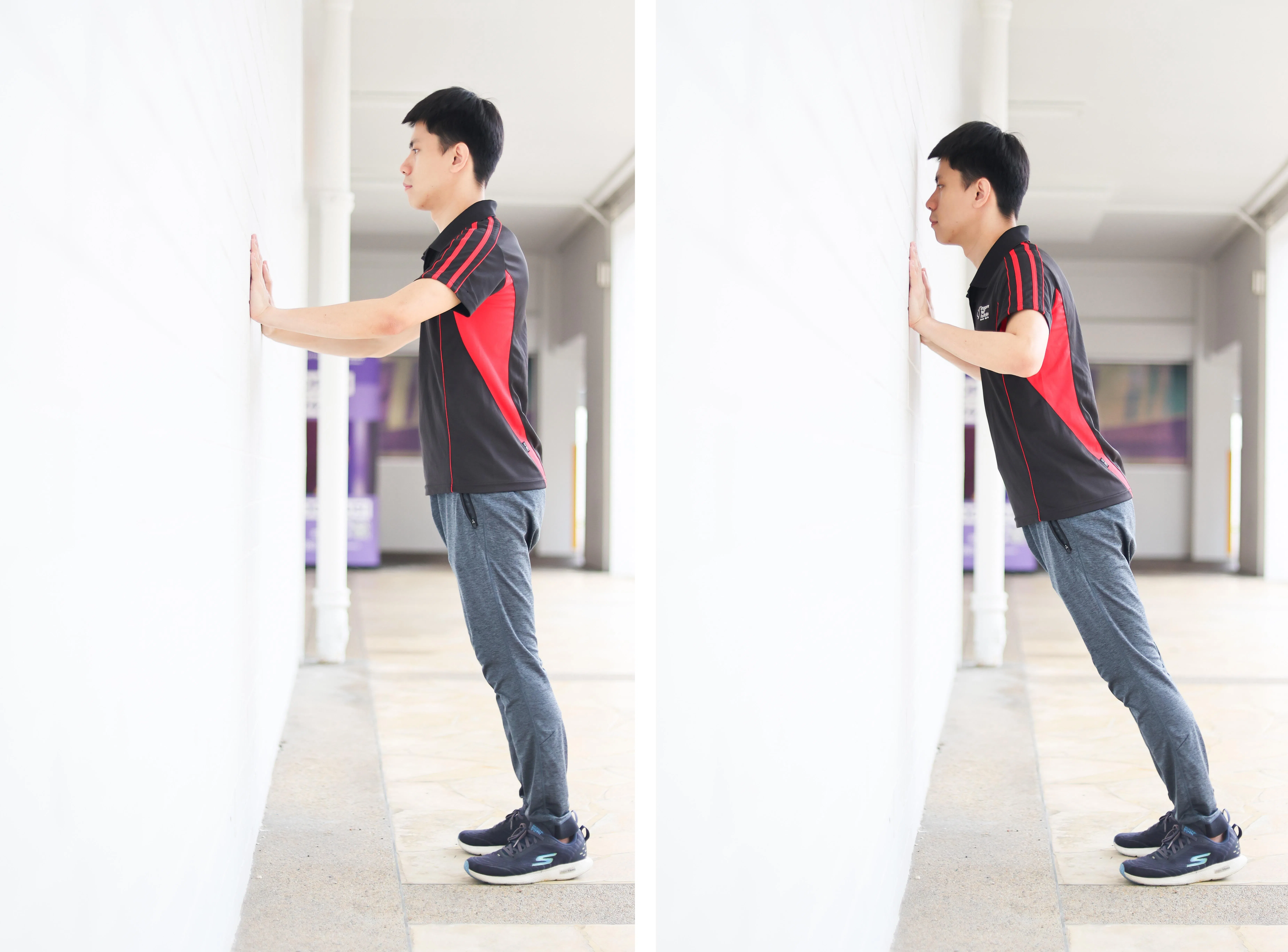 治疗师陈崇镇示范无需特别器材就能练习的靠墙伏地挺身。（龙国雄摄）