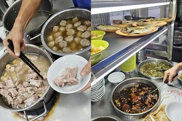 亚合肉骨茶汤底中微辣带清甜（左），也售猪脚、菜尾、蒸鱼等。（黄亿敏摄）