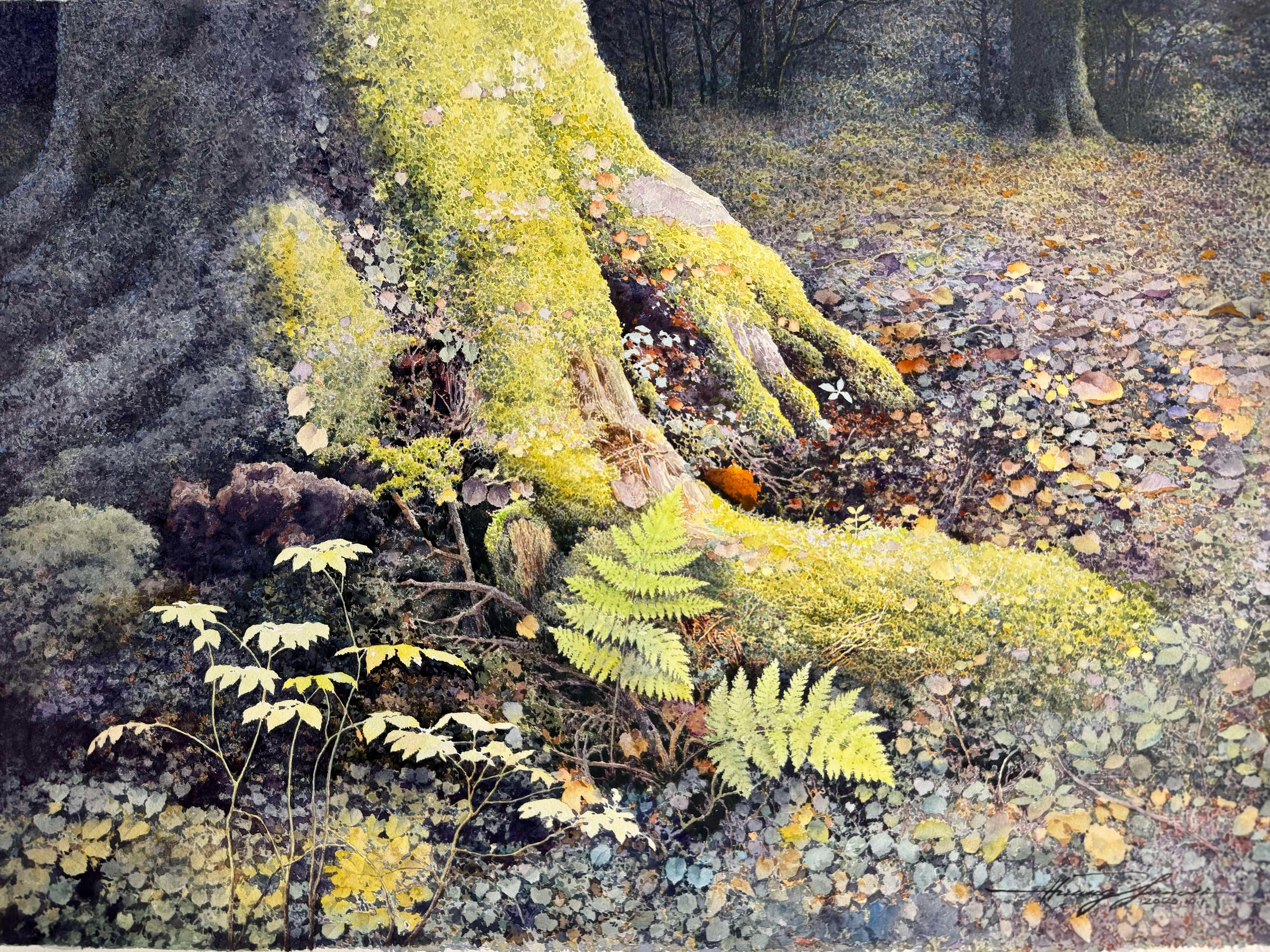 黄有维水彩画《林间秋色》。（新加坡水彩画会提供）