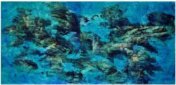 胡财和纸本水墨与丙烯画《琉璃海》（2019）。（谁先觉画廊提供）