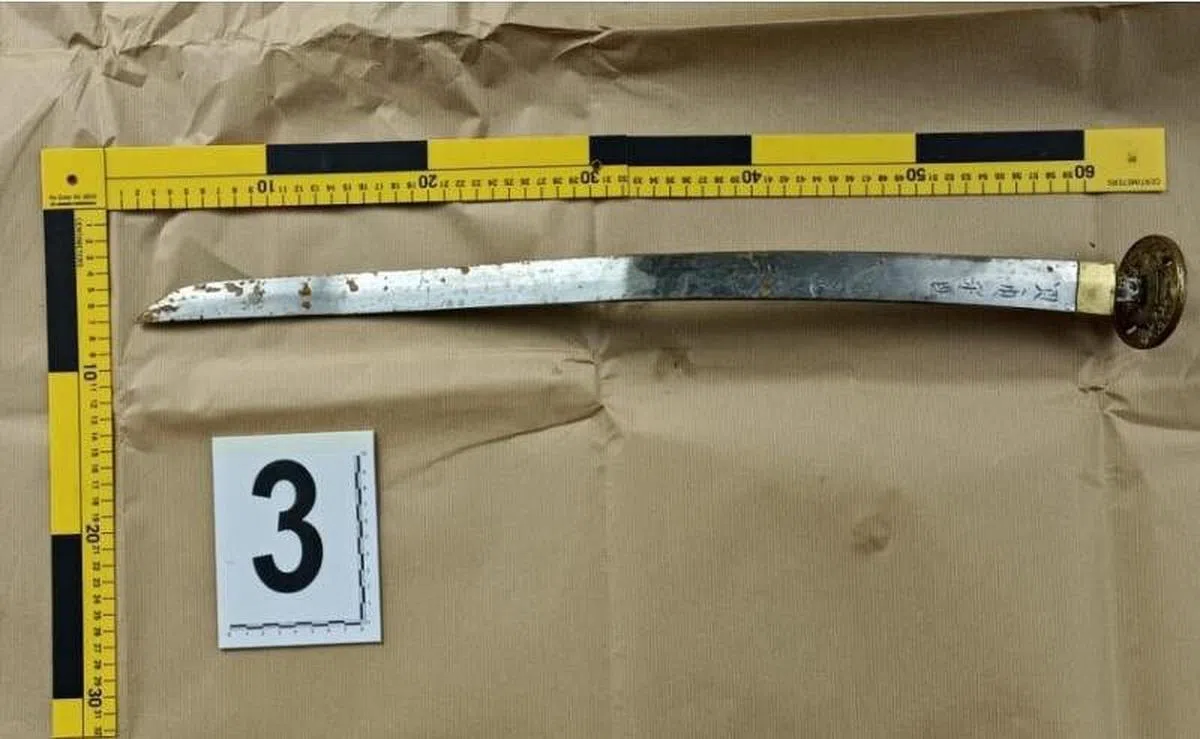 警方查获男子用来砍伤路人和损坏五辆汽车的武士刀作为证据。（新加坡警察部队提供）
