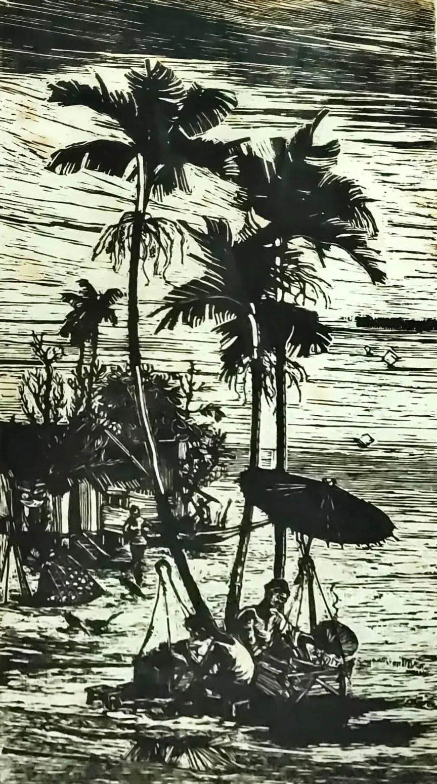 朱庆光木刻版画《马来甘榜》。（宣和文物提供）