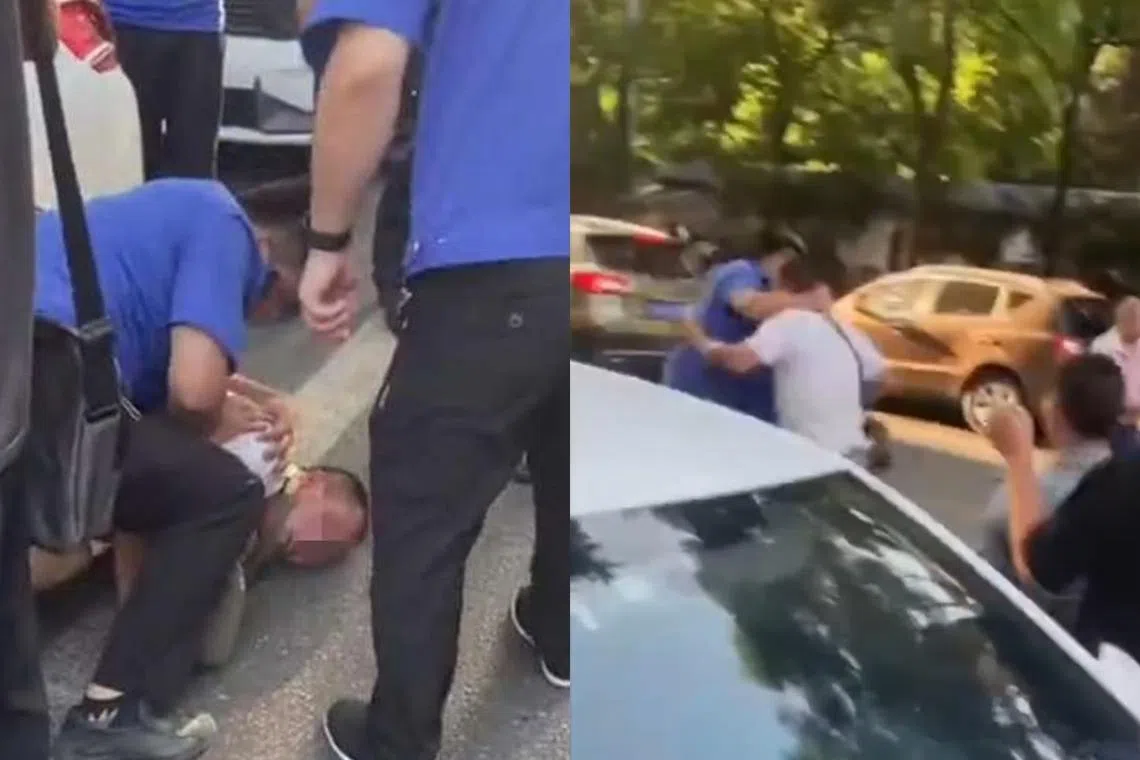 2022年6月6日，成都市高新西区多名城管对摆摊设点的商贩进行执法整治，商贩被穿蓝色制服的城管按在地上。事后社区称动手者为外包人员。（互联网）