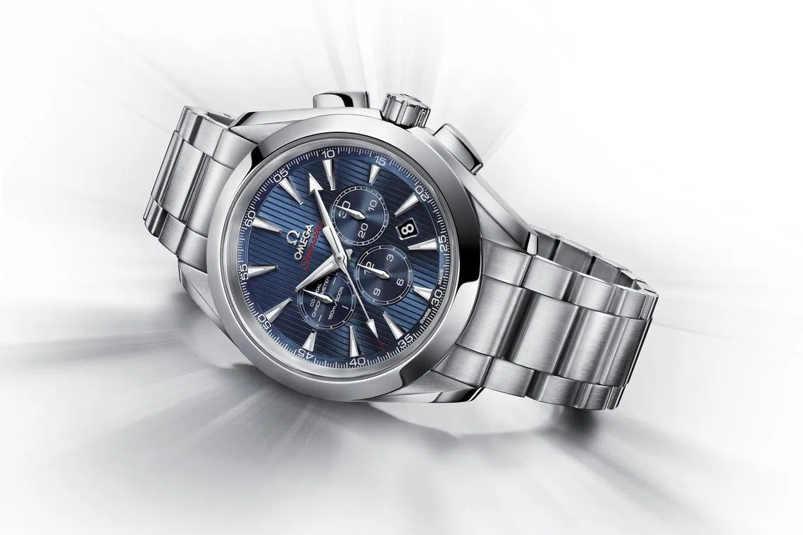 Aqua Terra同轴计时码表“伦敦2012”是当年纪念表款之一，蓝色表盘特别吸引人。（欧米茄提供）