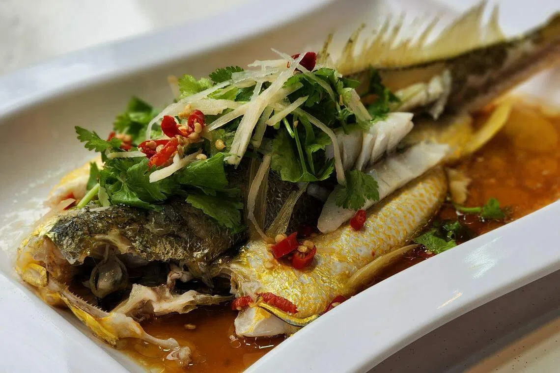 金山客家餐馆的蒸黄花鱼肉质鲜美。（陈爱薇摄）