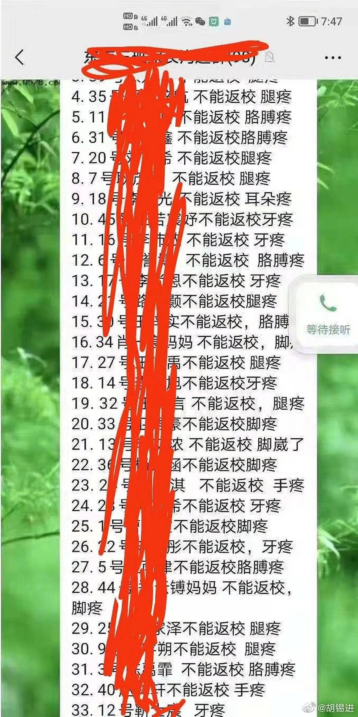 胡锡进在微博发布的一张网传微信群聊记录显示，石家庄某学校多名学生星期一选择以身体不适为由请假，反映出很多人在疑似“放开”后，反而不敢出门的心态。他也配文称“这既像是段子又不像是”。（胡锡进微博）