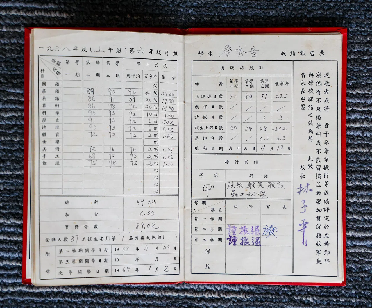 詹维言（原名詹秀音）仍保存小学公立新民学校（巴西立） 的成绩册。成绩册记录学生在不同科目如数学、科学、体育、历史地理、美术和伦理等方面的表现，各科分数的比重也不同。（林明顺摄）