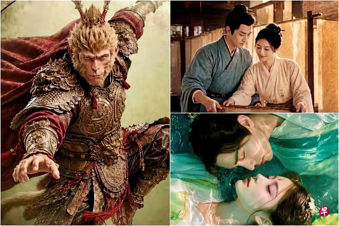 2026年在电视播出的AI剧包括《后西游记》（左图）、《桃花潭记》（右上）和《中国传说·白蛇》。 （互联网）