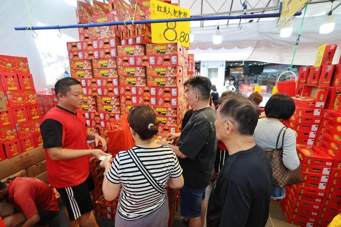 在全岛拥有多家分店的“鼎峰榴梿站”，在宏茂桥市中心租下临时摊位售卖各类柑橘水果。摊贩白丰荣（左一，35岁）认为宏茂桥中心人潮极高，只要水果种类丰富、价格公道，不愁没客源。（唐家鸿摄）