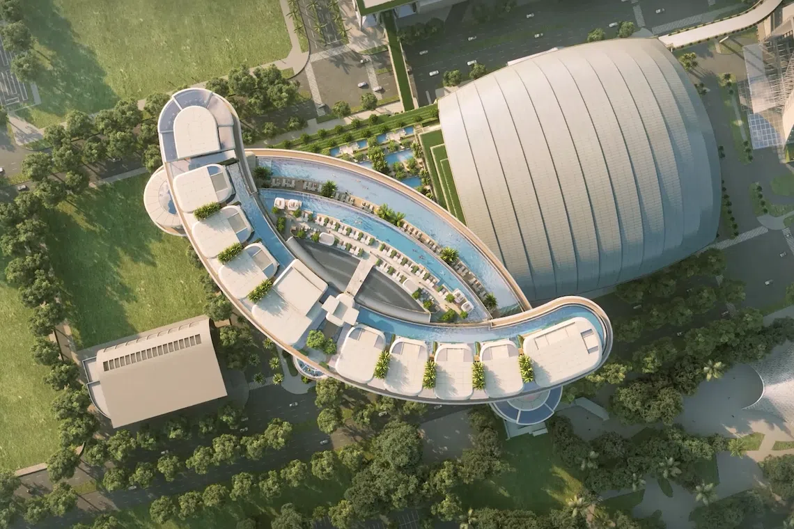 从高空眺望，Skyloop宛如两个相互交替的新月。（萨夫迪建筑师事务所构想视频截图）