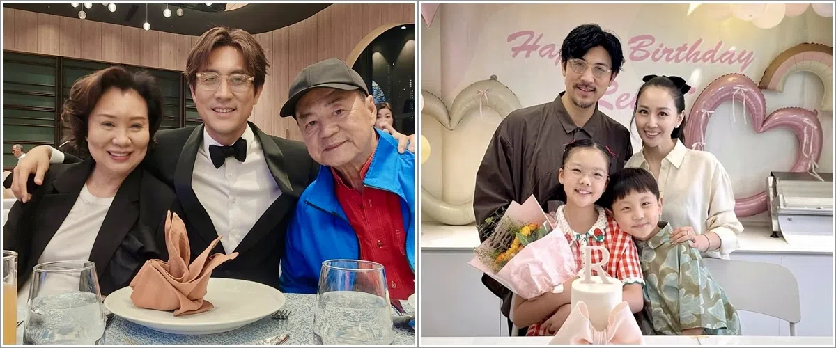 谭俊彦日前惊喜现身（左图中）第8届“马来西亚国际电影节”暨金环奖颁奖典礼，与妈妈陶敏明（左图左）见证爸爸狄龙（左图右）获颁终身成就奖。这几天则与老婆孩子（右图）在新加坡度假。（取自艺人IG）