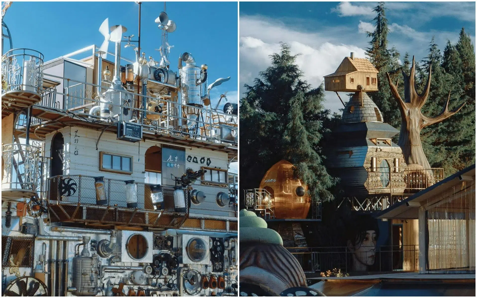 陆虎的赛博朋克房车兼移动电台（左图）和王栎鑫的树屋（右图），造型都很有趣。（取自节目官方微博）