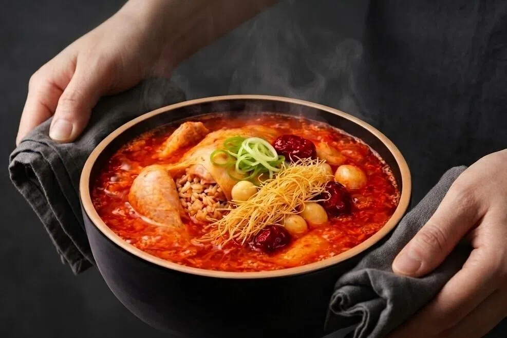 Namu Bulgogi的香辣明太鱼籽参鸡汤偏咸辣，带有海味鲜香。（餐馆提供）