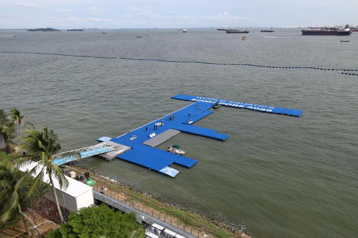从高台跳水跳台上往下看，可以见到另一侧的公开水域游泳赛场正在进行最后阶段的工程。那里的观众席约可容纳400人。（梁麒麟摄）