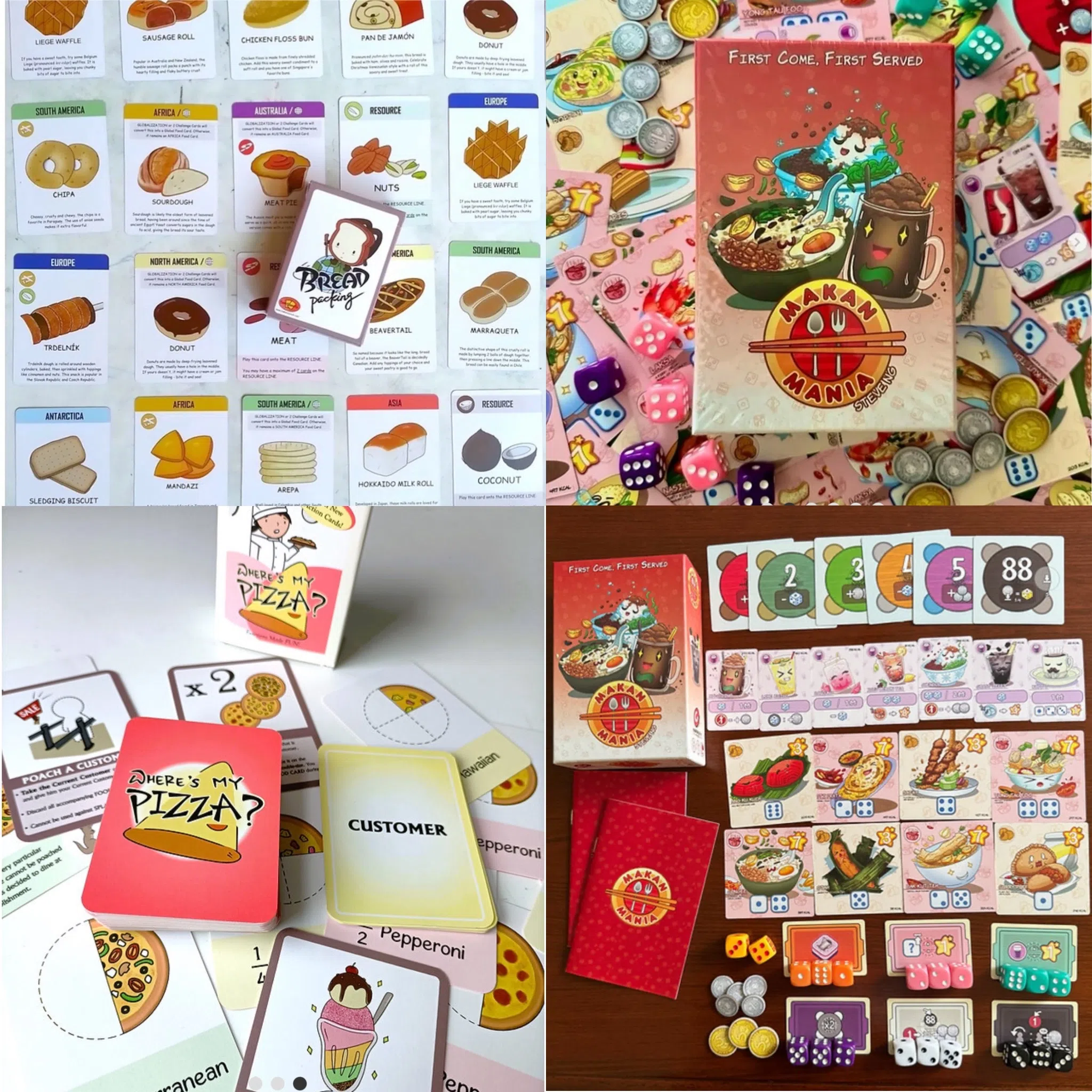 美食主题桌游：《吃疯了》（右上下图）、《面包包起来》（左上图）、《我的披萨去哪儿了？》（左下图）。（取自sgboardgamedesign.com）