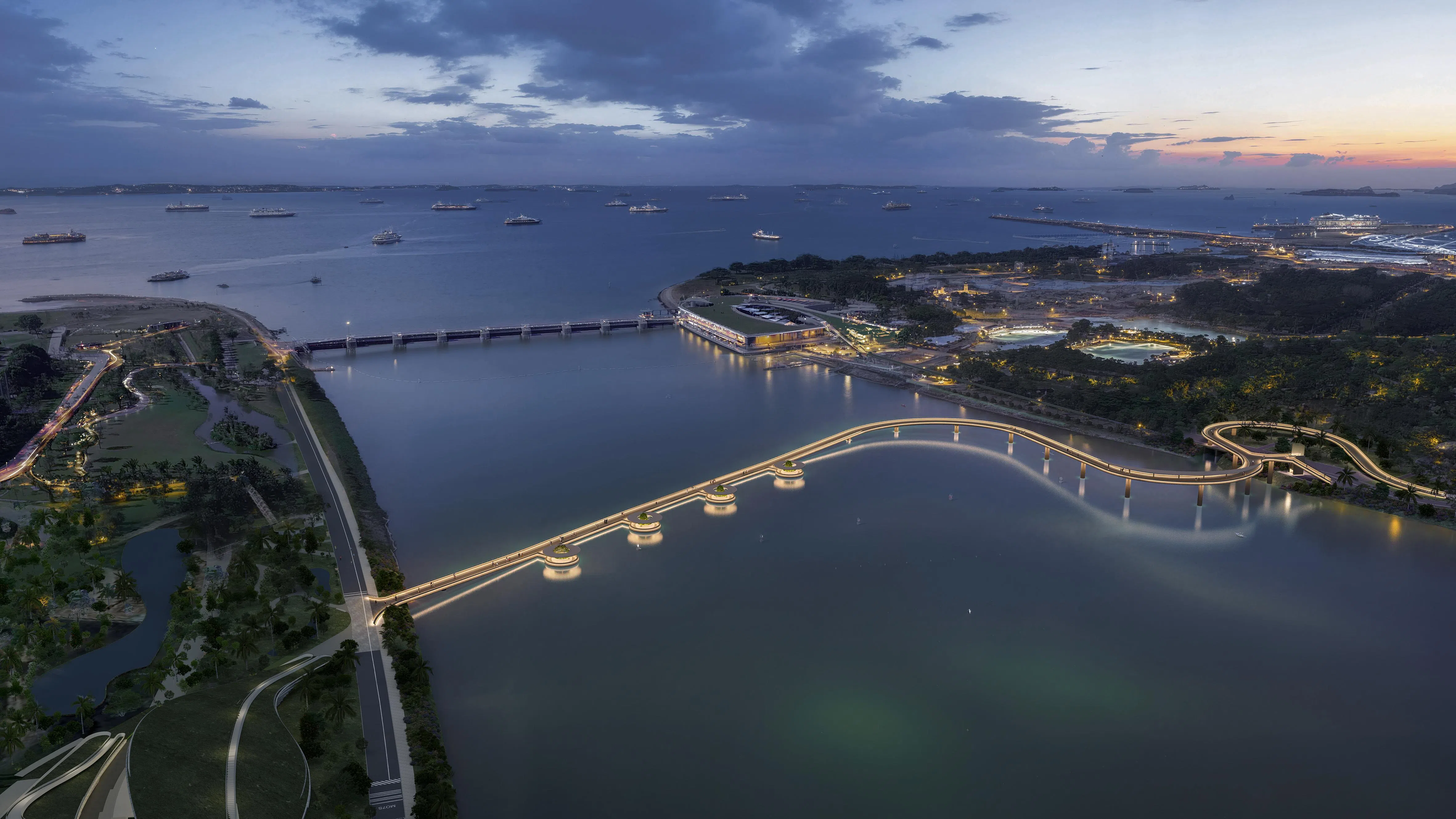 连接滨海南花园与滨海东花园的新桥梁，预计今年第二季动工，2028年竣工。桥梁采用流线型设计，其中约175米桥段贴近水面，让访客体验“水上漂”，还可远眺新加坡天际线。（滨海湾花园提供）