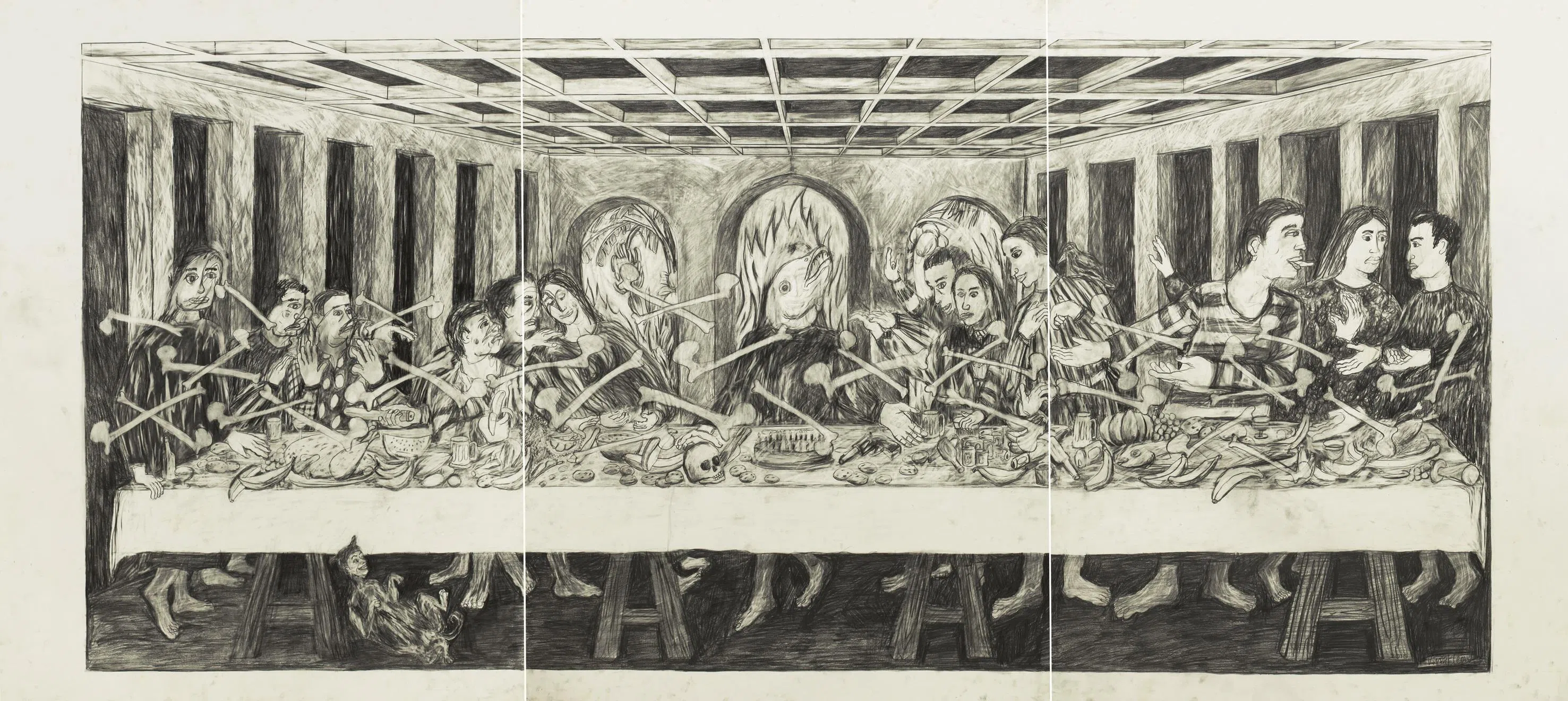 廖光炎纸本炭笔《最后的晚餐》（2010）。（品艺画廊提供）