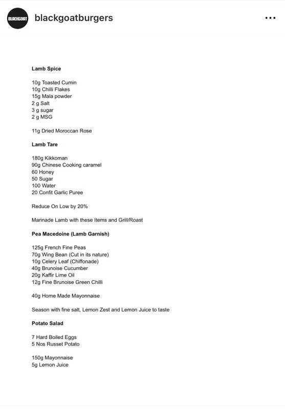 Blackgoat日前在社媒公开食谱。（取自Instagram）