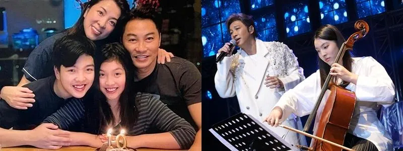 谭耀文与太太育有一对儿女（左图），右图为女儿在他的演唱会上拉大提琴伴奏。（互联网）