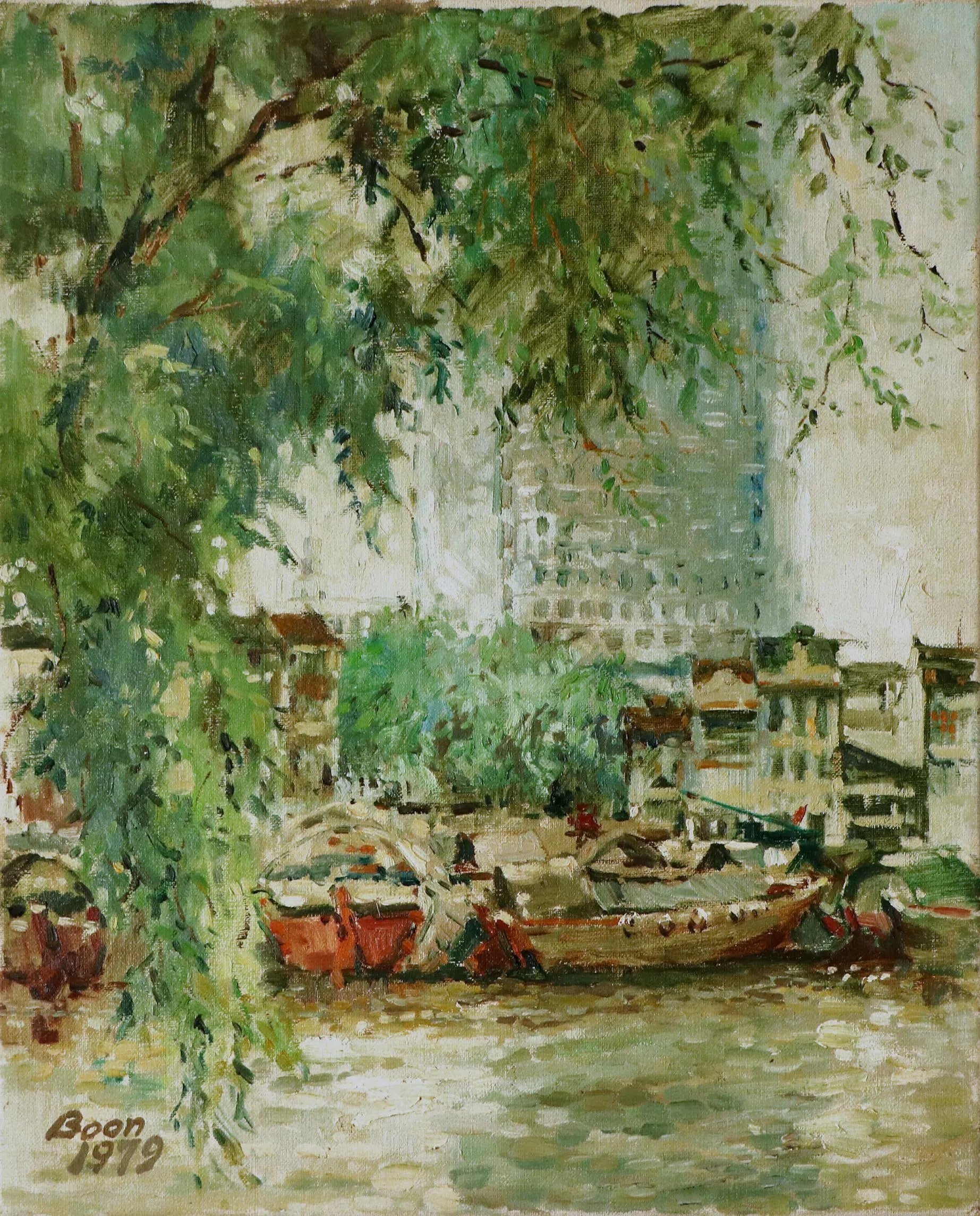 郑文彬油画《新加坡河》（1979）含水墨画韵味。（海卉艺苑提供）