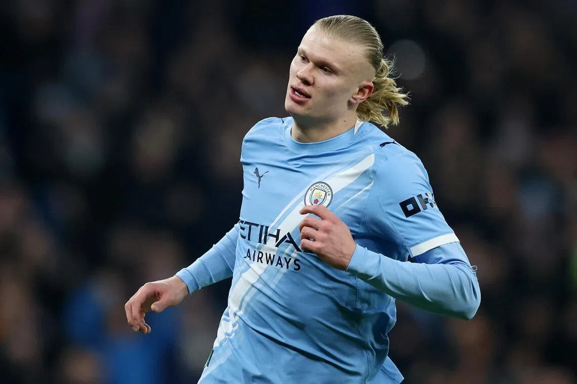 曼市首席射脚哈兰德在本周中欧冠赛的进球，是他在近10场比赛第一次从运动战中进球。（路透社）