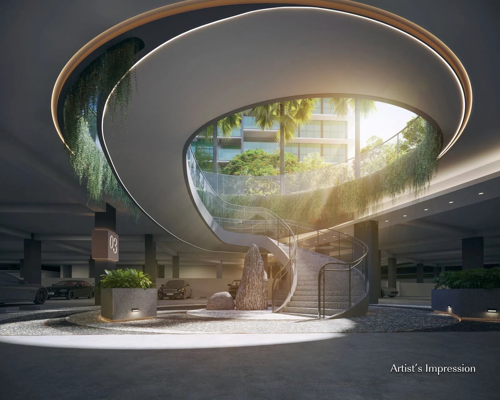 从鑫丰瑞府驾车出行非常方便，车子可快速通往高速公路和交通要道。图为精心设计从一楼通往停车场的阶梯。（图/鑫丰瑞府提供）