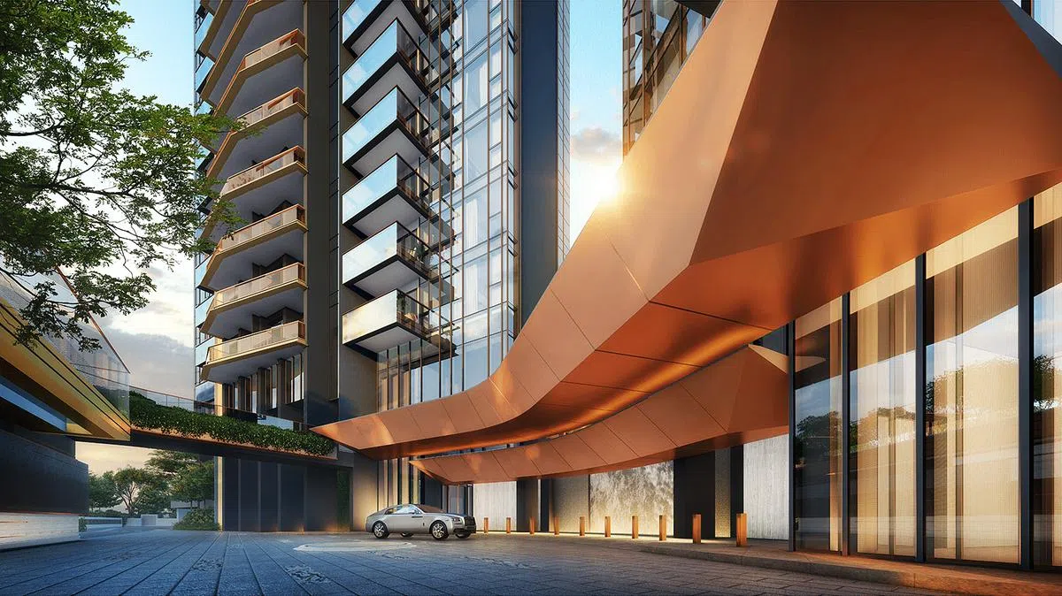 PERFECT TEN独立上落客区的堂皇流水景石墙，凸显住客的尊贵身份。（图/PERFECT TEN提供）