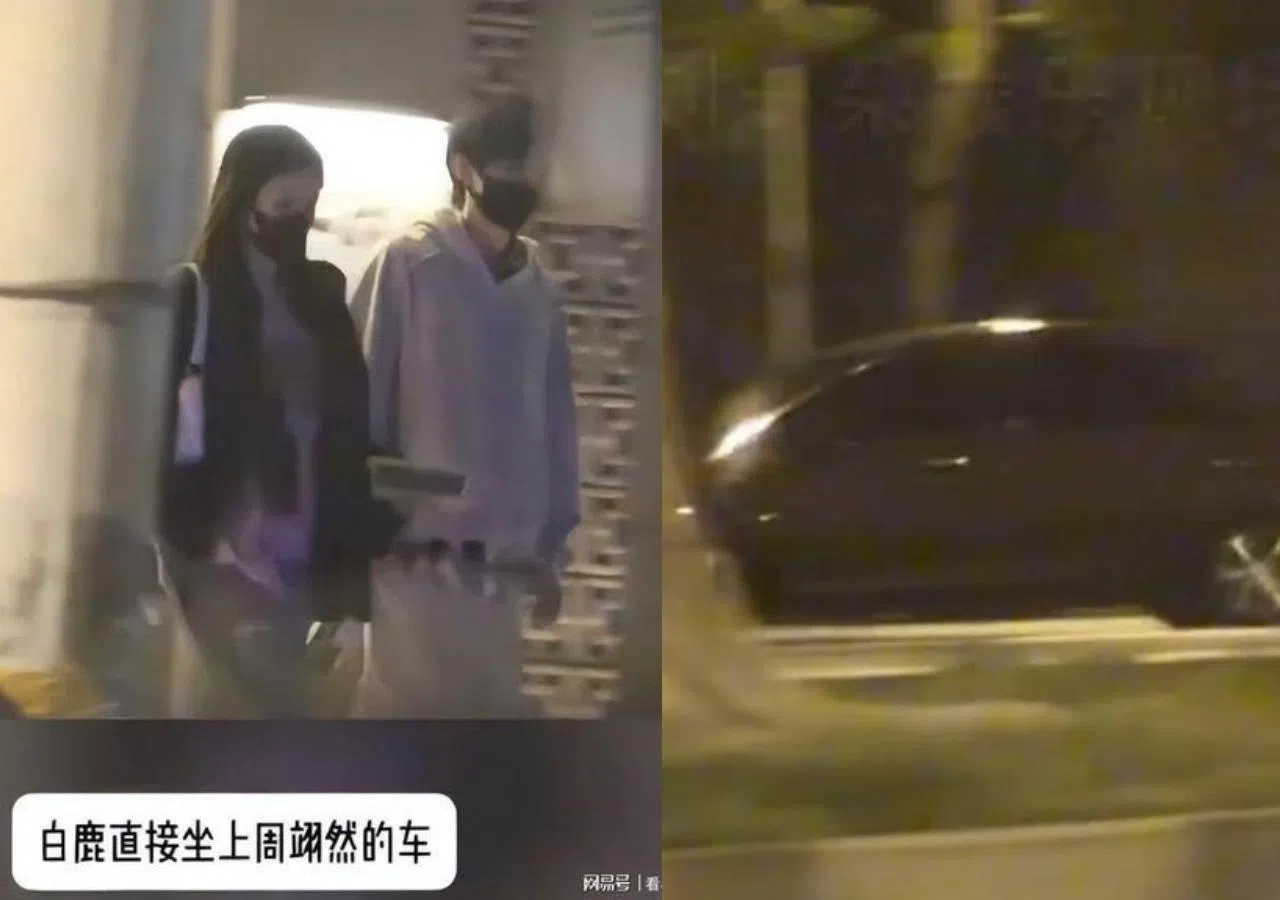 娱乐博主拍到周翊然（左图右）叫司机送白鹿回家后，再兜回来载他到白鹿所住小区。（互联网）